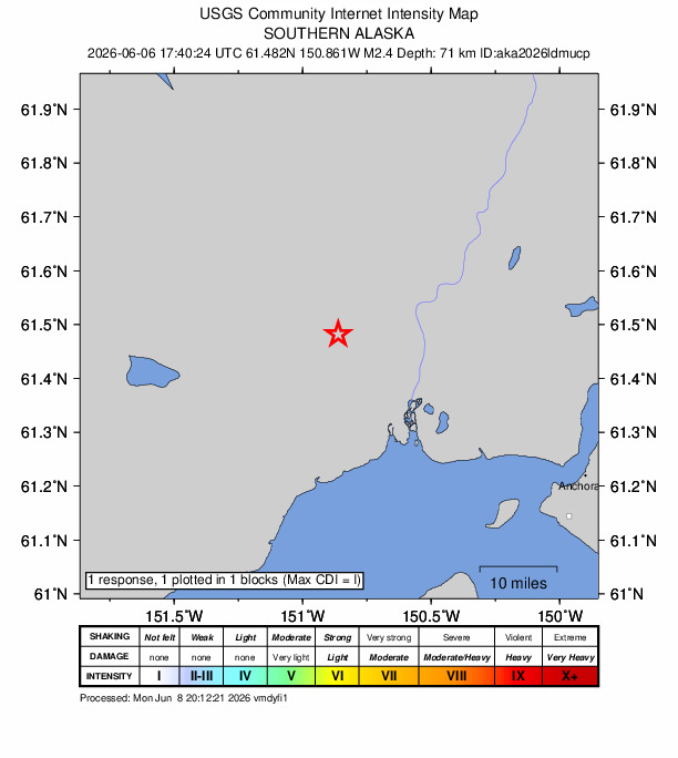 USGS DYFI community-reported intensity map for the M2.4 earthquake near 19 km WSW of Susitna, Alaska