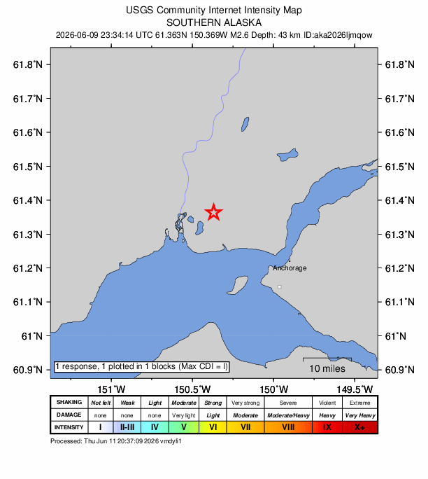 USGS DYFI community-reported intensity map for the M2.6 earthquake near 20 km W of Point MacKenzie, Alaska