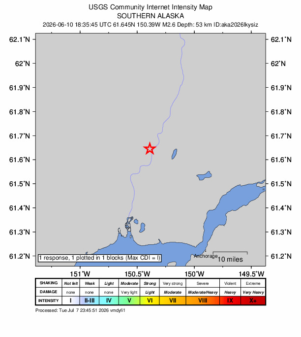 USGS DYFI community-reported intensity map for the M2.6 earthquake near 13 km NNE of Susitna, Alaska
