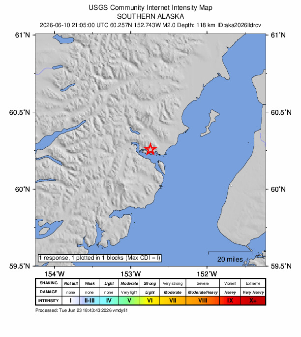 USGS DYFI community-reported intensity map for the M2.0 earthquake near 63 km WNW of Ninilchik, Alaska