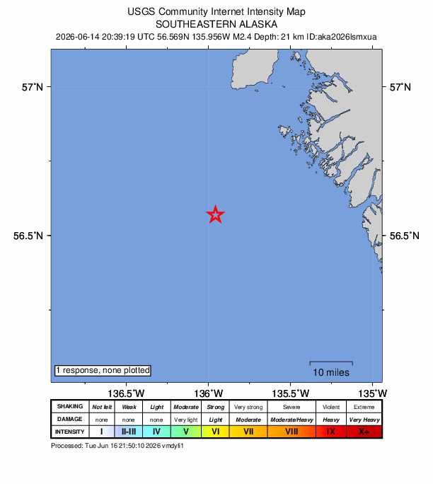 USGS DYFI community-reported intensity map for the M2.4 earthquake near 66 km SW of Sitka, Alaska