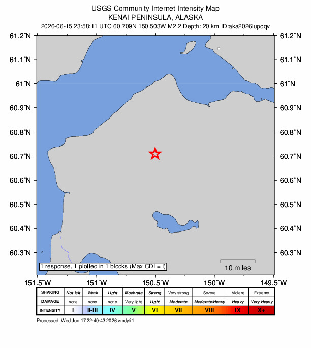 USGS DYFI community-reported intensity map for the M2.2 earthquake near 23 km NE of Sterling, Alaska