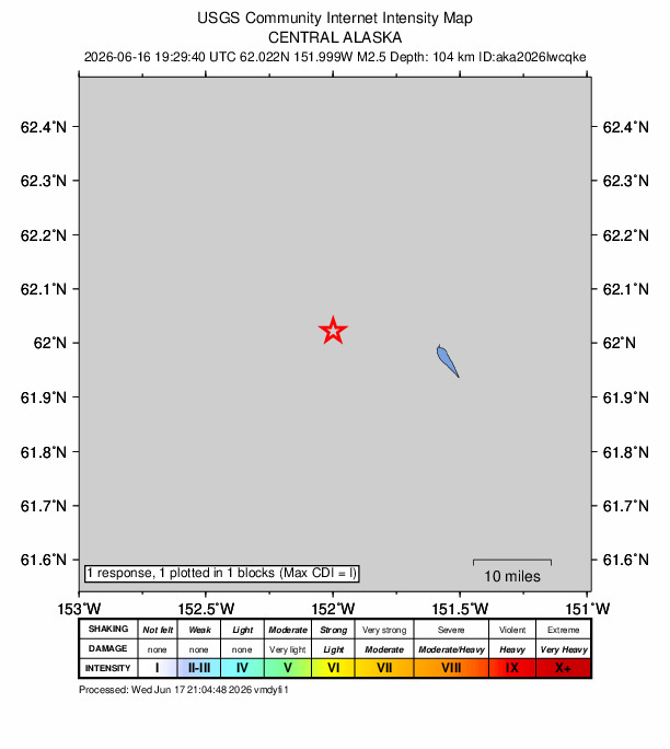 USGS DYFI community-reported intensity map for the M2.5 earthquake near 31 km W of Skwentna, Alaska