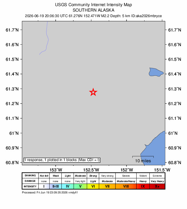 USGS DYFI community-reported intensity map for the M2.2 earthquake near 75 km WNW of Tyonek, Alaska