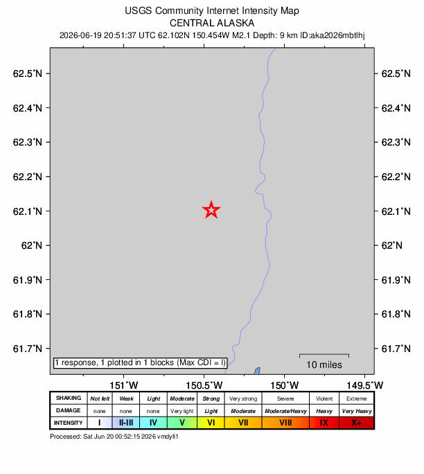 USGS DYFI community-reported intensity map for the M2.1 earthquake near 26 km SSW of Trapper Creek, Alaska
