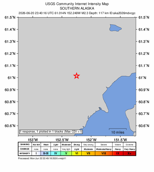 USGS DYFI community-reported intensity map for the M2.3 earthquake near 60 km W of Tyonek, Alaska
