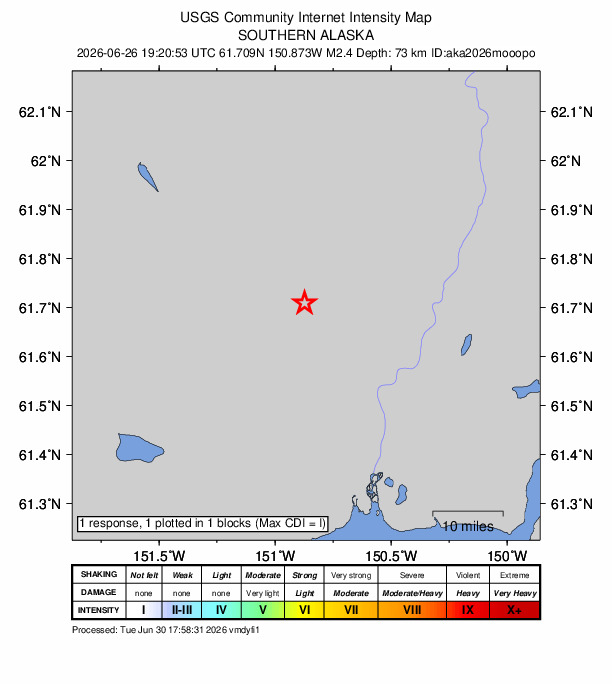 USGS DYFI community-reported intensity map for the M2.4 earthquake near 26 km NW of Susitna, Alaska