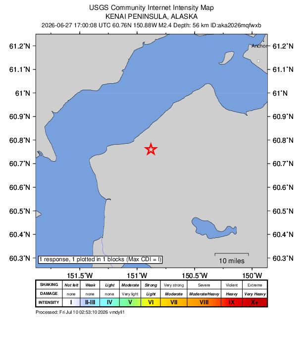 USGS DYFI community-reported intensity map for the M2.4 earthquake near 20 km SSW of Point Possession, Alaska