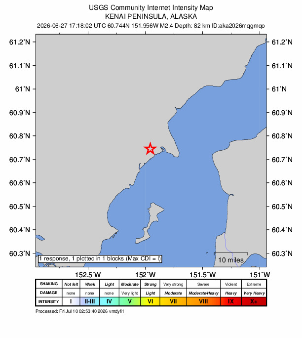 USGS DYFI community-reported intensity map for the M2.4 earthquake near 36 km W of Nikiski, Alaska