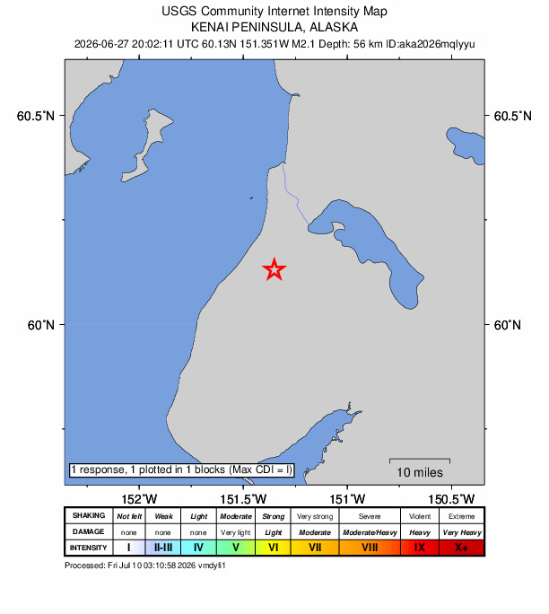 USGS DYFI community-reported intensity map for the M2.1 earthquake near 11 km SSE of Clam Gulch, Alaska