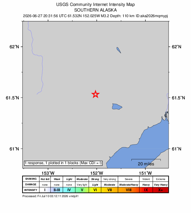 USGS DYFI community-reported intensity map for the M3.2 earthquake near 60 km SSW of Skwentna, Alaska