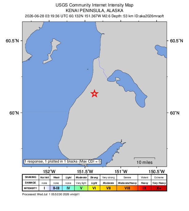USGS DYFI community-reported intensity map for the M2.6 earthquake near 11 km S of Clam Gulch, Alaska