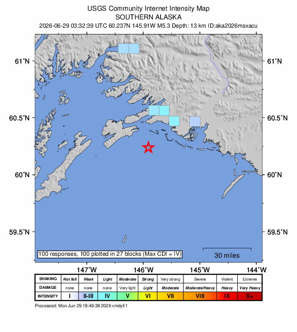 USGS DYFI community-reported intensity map for the M5.3 earthquake near 35 km SSW of Cordova, Alaska