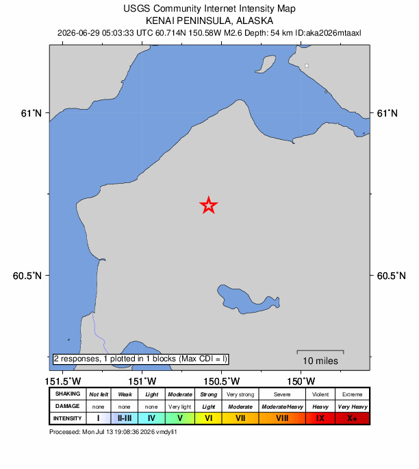USGS DYFI community-reported intensity map for the M2.6 earthquake near 22 km NNE of Sterling, Alaska