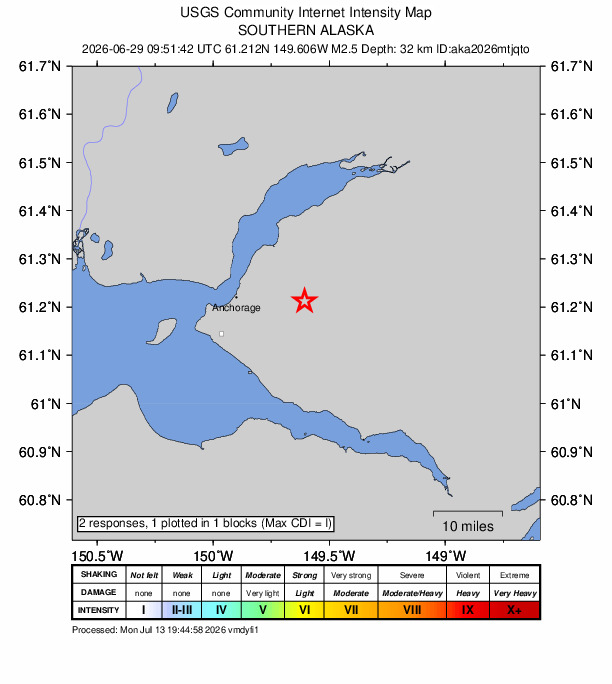 USGS DYFI community-reported intensity map for the M2.5 earthquake near 5 km SSE of Elmendorf Air Force Base, Alaska