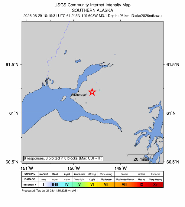 USGS DYFI community-reported intensity map for the M3.1 earthquake near 4 km SSE of Elmendorf Air Force Base, Alaska