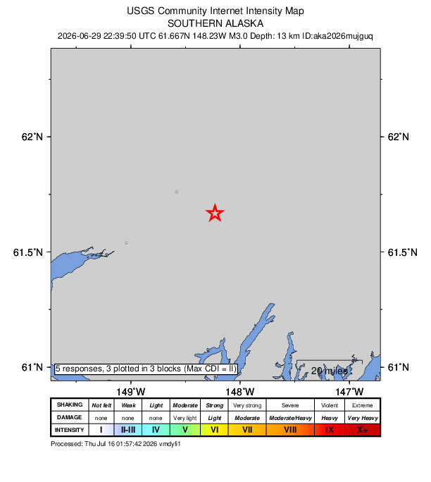 USGS DYFI community-reported intensity map for the M3.0 earthquake near 18 km SE of Chickaloon, Alaska