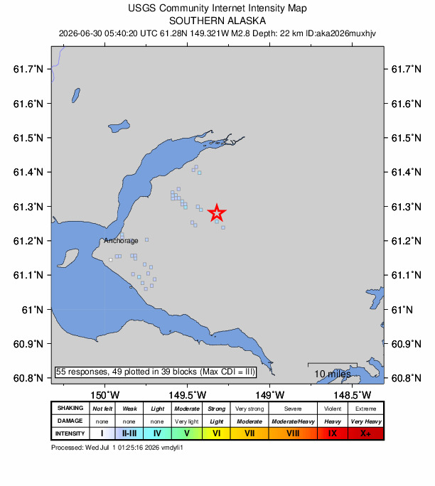 USGS DYFI community-reported intensity map for the M2.8 earthquake near 14 km ESE of Eagle River, Alaska