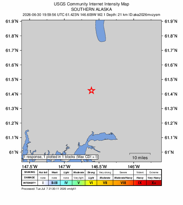 USGS DYFI community-reported intensity map for the M2.1 earthquake near 35 km NNW of Valdez, Alaska