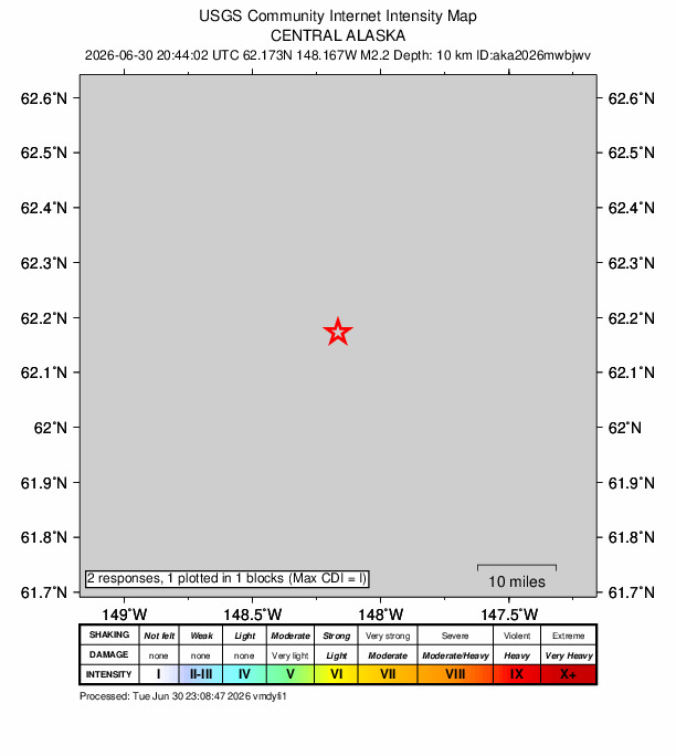 USGS DYFI community-reported intensity map for the M2.2 earthquake near 44 km NNE of Chickaloon, Alaska