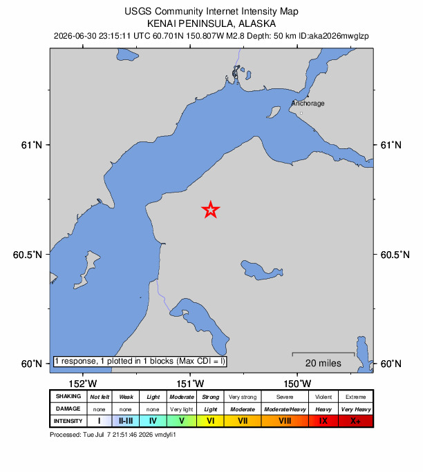 USGS DYFI community-reported intensity map for the M2.8 earthquake near 18 km N of Sterling, Alaska