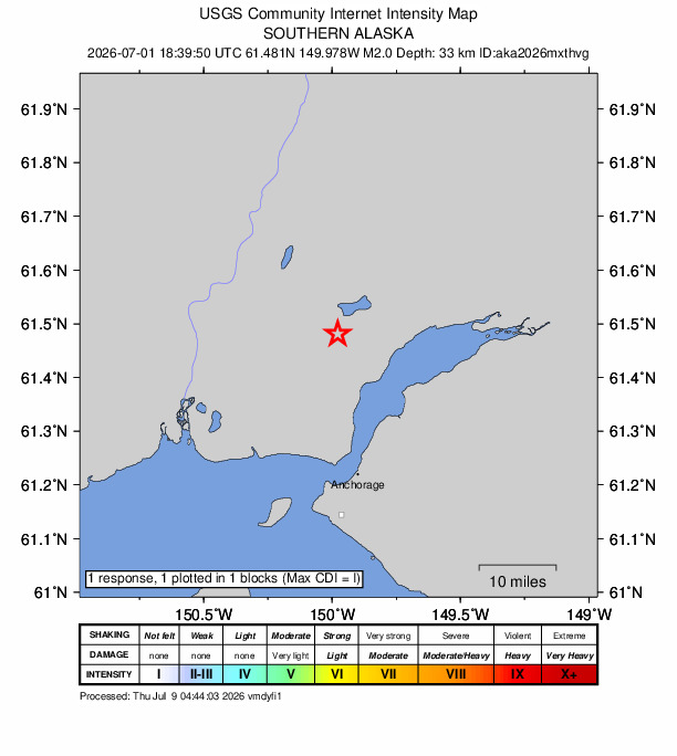 USGS DYFI community-reported intensity map for the M2.0 earthquake near 4 km SSW of Big Lake, Alaska