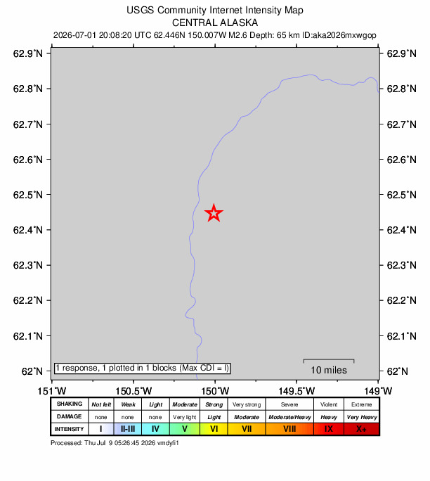USGS DYFI community-reported intensity map for the M2.6 earthquake near 4 km E of Chase, Alaska