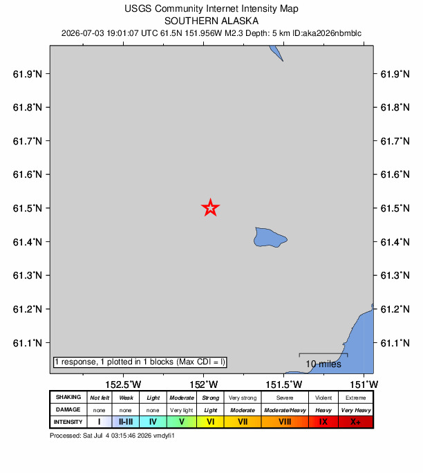 USGS DYFI community-reported intensity map for the M2.3 earthquake near 61 km NW of Beluga, Alaska