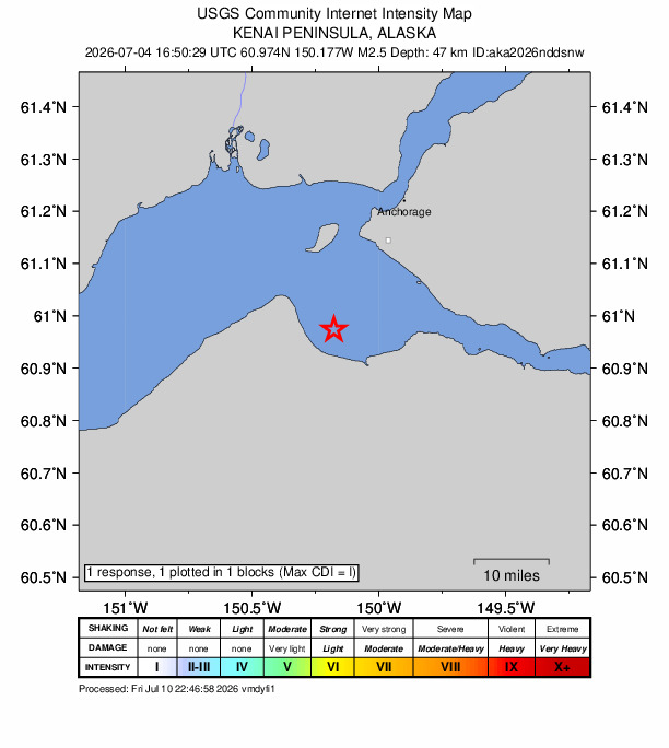USGS DYFI community-reported intensity map for the M2.5 earthquake near 28 km ENE of Point Possession, Alaska