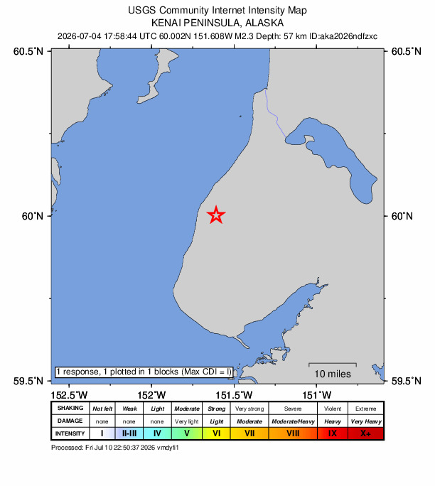 USGS DYFI community-reported intensity map for the M2.3 earthquake near 6 km SSE of Ninilchik, Alaska