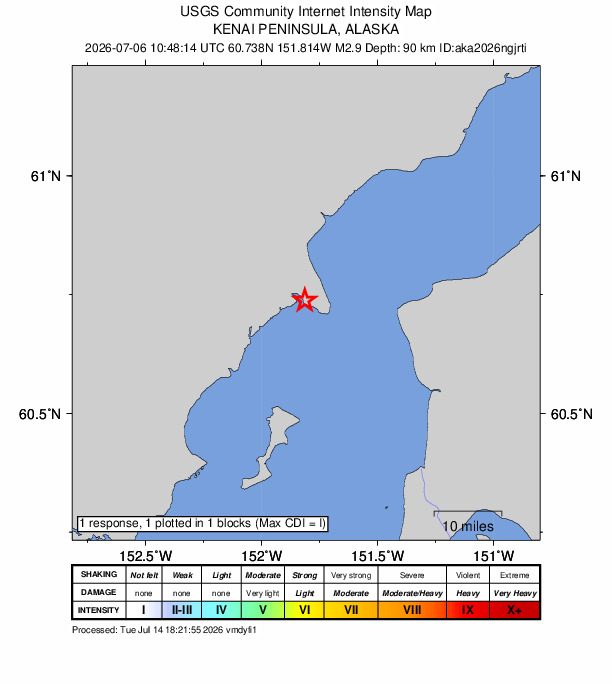 USGS DYFI community-reported intensity map for the M2.9 earthquake near 29 km W of Nikiski, Alaska