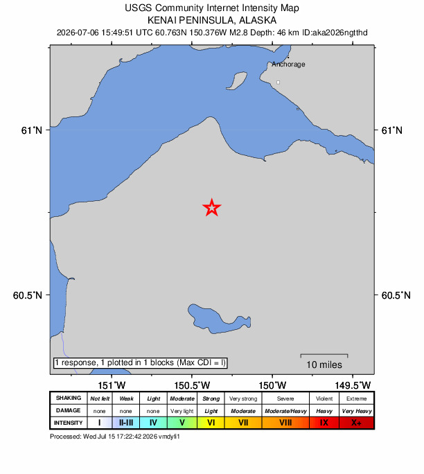 USGS DYFI community-reported intensity map for the M2.8 earthquake near 24 km SE of Point Possession, Alaska