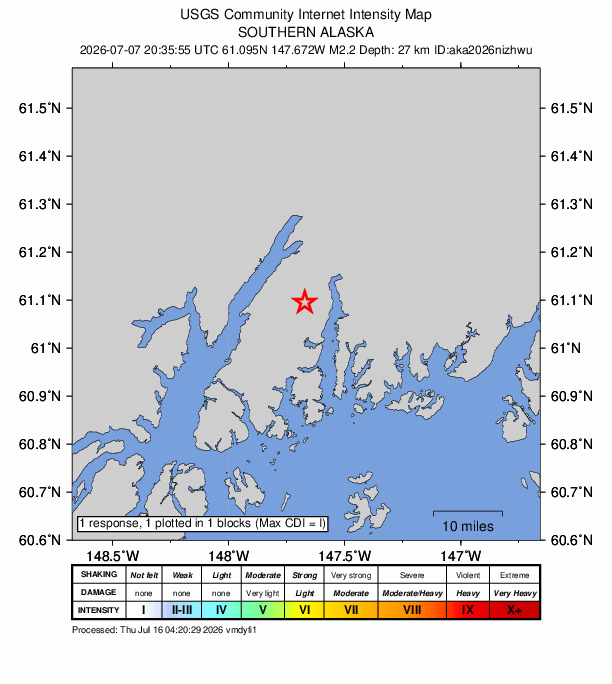 USGS DYFI community-reported intensity map for the M2.2 earthquake near 59 km WNW of Tatitlek, Alaska