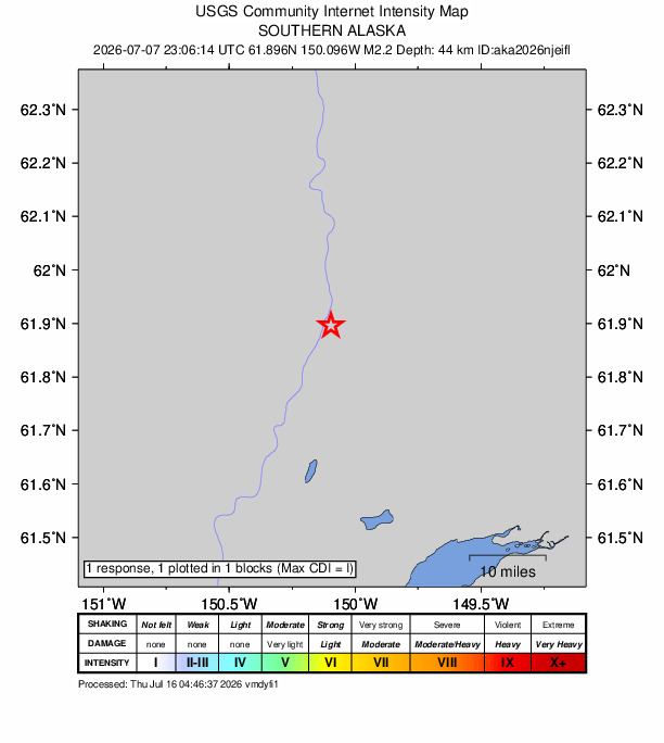 USGS DYFI community-reported intensity map for the M2.2 earthquake near 16 km N of Willow, Alaska