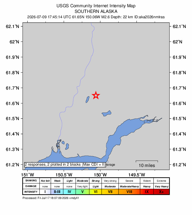 USGS DYFI community-reported intensity map for the M2.6 earthquake near 10 km S of Willow, Alaska