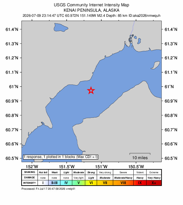 USGS DYFI community-reported intensity map for the M2.4 earthquake near 10 km S of Tyonek, Alaska