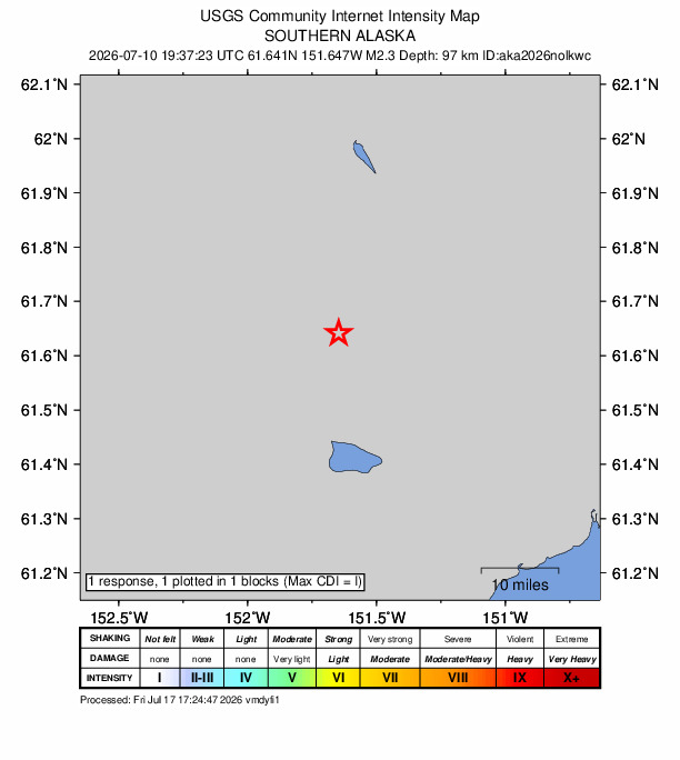 USGS DYFI community-reported intensity map for the M2.3 earthquake near 41 km SSW of Skwentna, Alaska