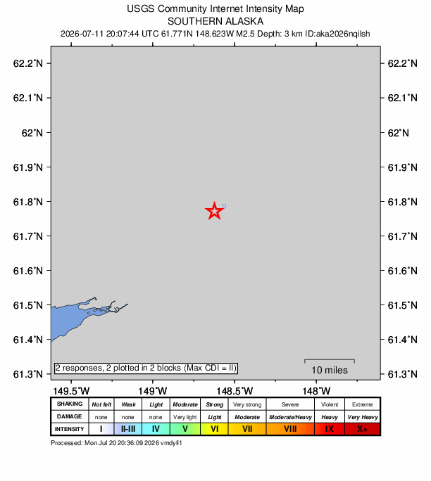 USGS DYFI community-reported intensity map for the M2.5 earthquake near 7 km E of Sutton-Alpine, Alaska