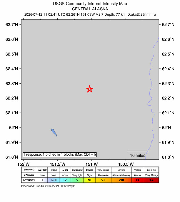 USGS DYFI community-reported intensity map for the M2.7 earthquake near 29 km SSW of Petersville, Alaska