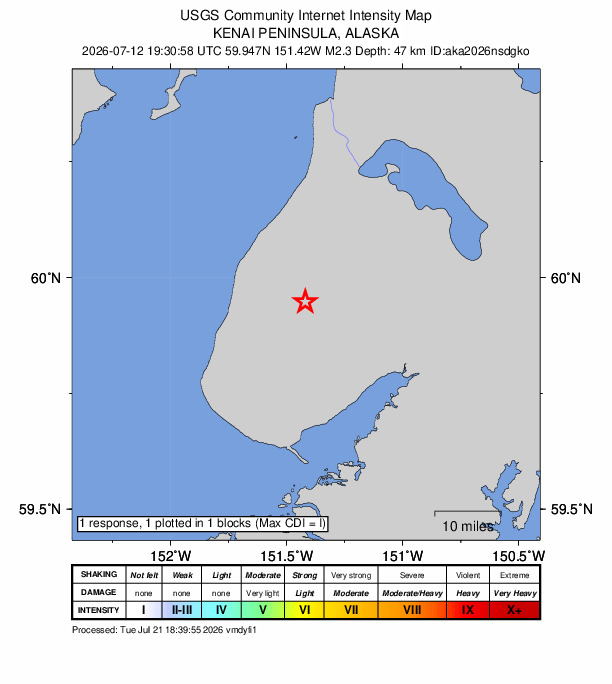 USGS DYFI community-reported intensity map for the M2.3 earthquake near 17 km E of Happy Valley, Alaska