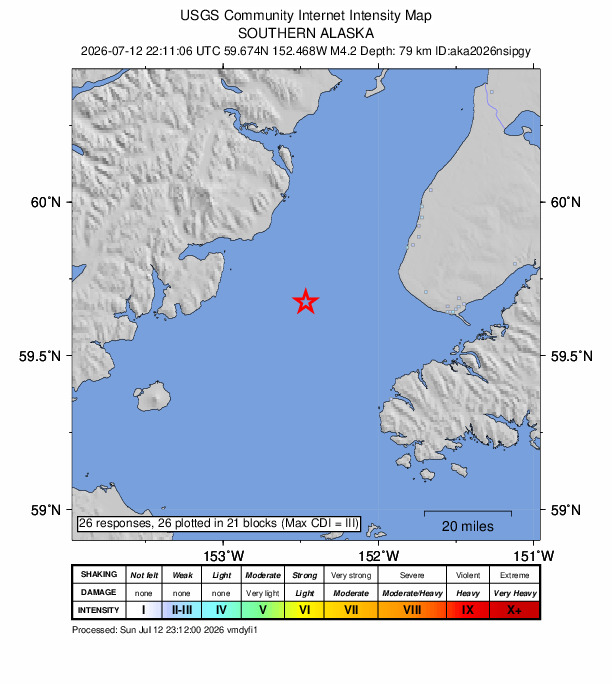 USGS DYFI community-reported intensity map for the M4.2 earthquake near 37 km WSW of Anchor Point, Alaska