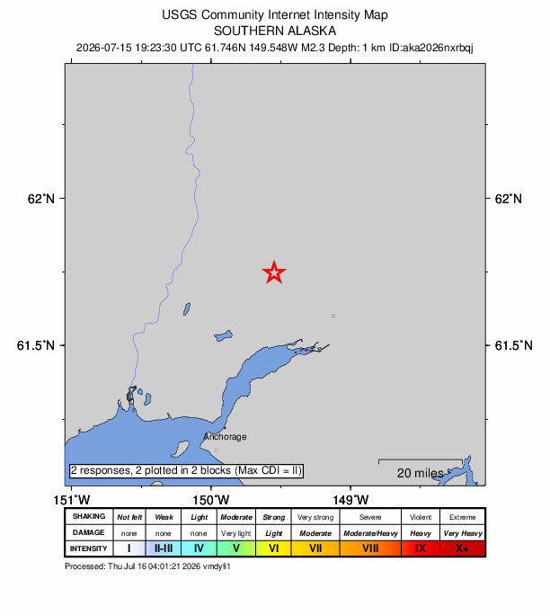 USGS DYFI community-reported intensity map for the M2.3 earthquake near 13 km NNE of Meadow Lakes, Alaska