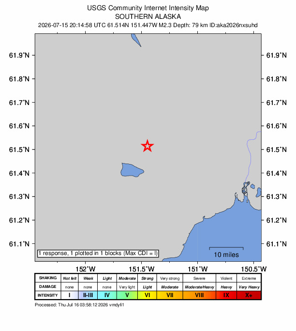 USGS DYFI community-reported intensity map for the M2.3 earthquake near 45 km NNW of Beluga, Alaska