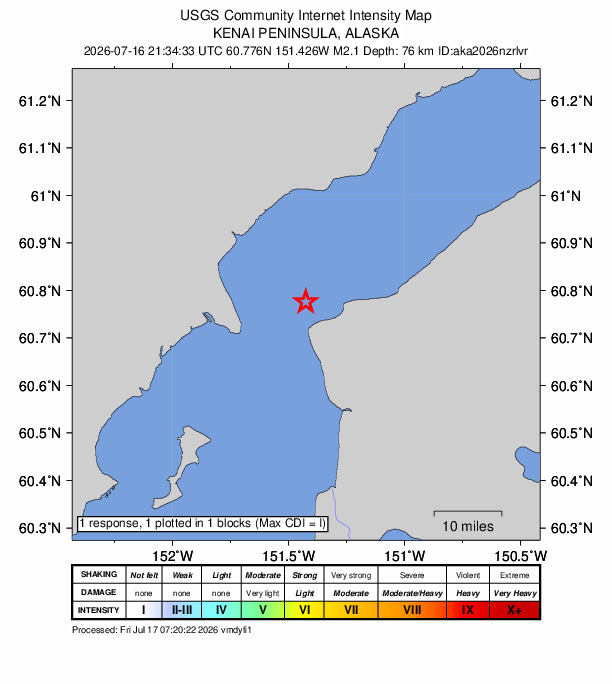 USGS DYFI community-reported intensity map for the M2.1 earthquake near 12 km NW of Nikiski, Alaska
