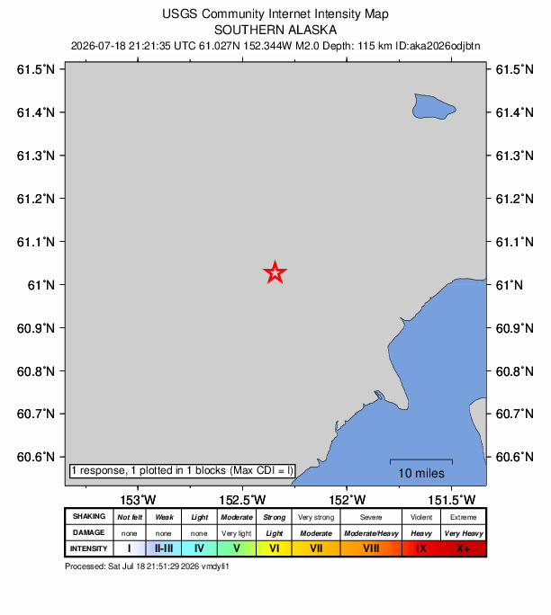 USGS DYFI community-reported intensity map for the M2.0 earthquake near 65 km W of Tyonek, Alaska