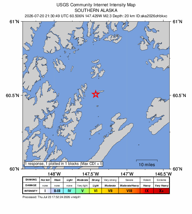 USGS DYFI community-reported intensity map for the M2.3 earthquake near 57 km SW of Tatitlek, Alaska