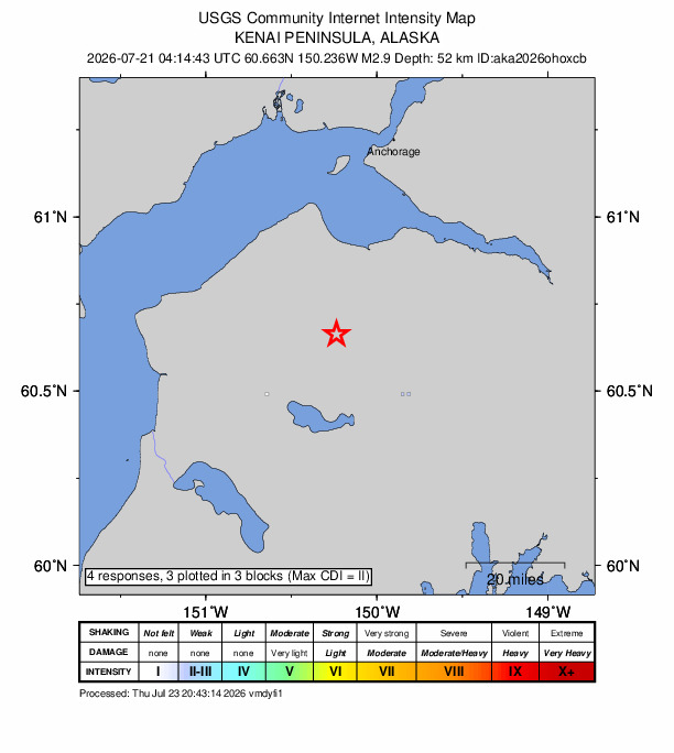 USGS DYFI community-reported intensity map for the M2.9 earthquake near 29 km NW of Cooper Landing, Alaska