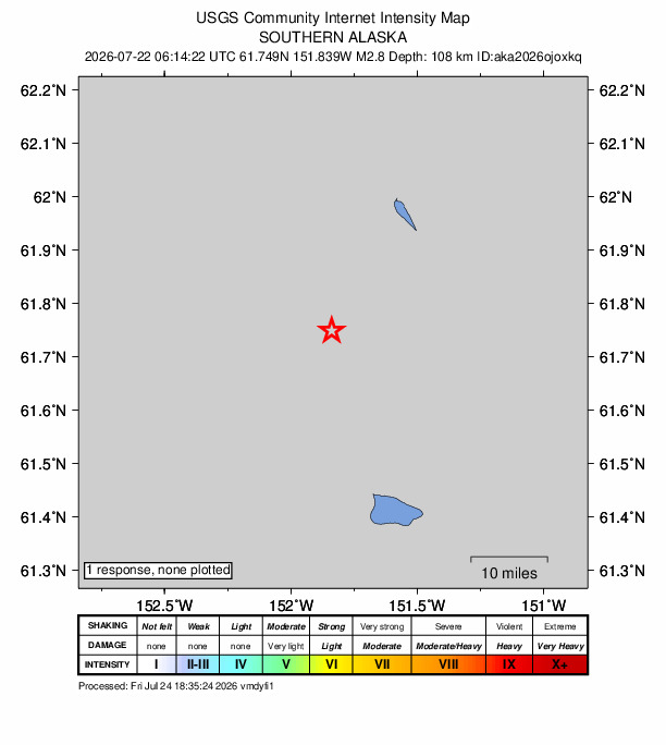 USGS DYFI community-reported intensity map for the M2.8 earthquake near 35 km SW of Skwentna, Alaska