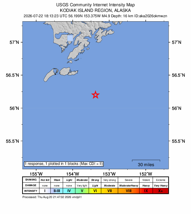 USGS DYFI community-reported intensity map for the M4.9 earthquake near 96 km SSE of Akhiok, Alaska