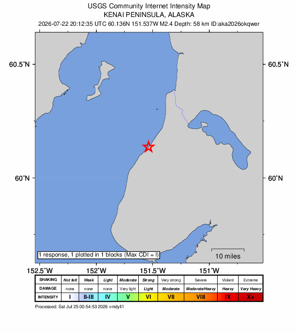 USGS DYFI community-reported intensity map for the M2.4 earthquake near 12 km NE of Ninilchik, Alaska